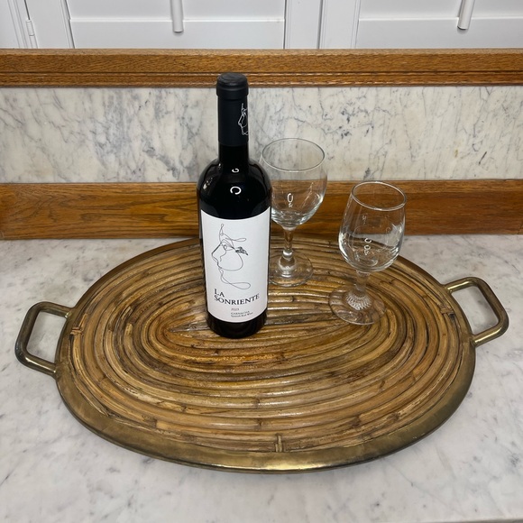 Mcm Italian pencil reed & brass oval serving tray, in style of Gabriella Crespi